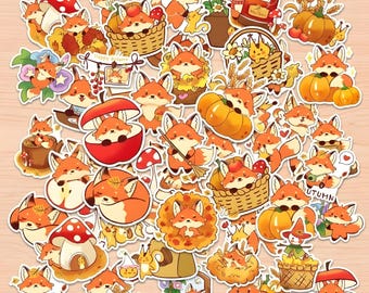50pcs Fox Stickers,Kawaii Cartoon Stickers,Waterproof Sticker, Woodland Nursery Sticker,Fall Season Stickers