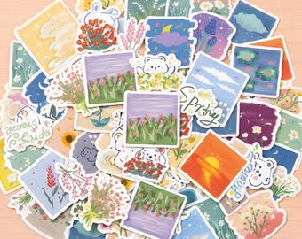 50pcs Spring Flowers Stickers,Flower Decals,Pastel Flowers Vinyl Sticker,Laptop Stickers, Mini Flower Stickers, Water Bottle Sticker