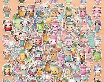 50pcs Boba Milk Tea Sticker,Milk Bubble Tea Drinks,Ombre Colorful Stickers Sheet