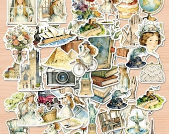 50pcs Retro Traveling Girl,Women Vinyl Decals Old Fashion,Holographic Stickers,Waterproof