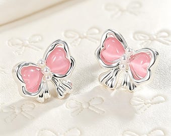 Rosa kattögonörhängen med rosett, silverfärgade, vänliga för känsliga öron, söta hjärtformade rosettörhängen, romantiska, läckra smycken, brudtärnepresent