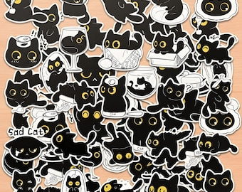 50pcs Black Cat Stickers, Aesthetic Minimal Sticker for Bottles & Journals,Cat Lover Sticker