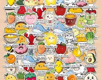 50pcs Kid Friendly Stickers,Cute Animal and Foods Pun Meme Stickers,For Planners, Journals, Decorations, Rewards, Party Supplies, Gifts