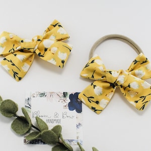 Yellow and White Floral Fabric Hair Bow Headband or Scrunchie - Mommy and Me - Nylon Headband - Pigtails - Newborn Baby Toddler Girl