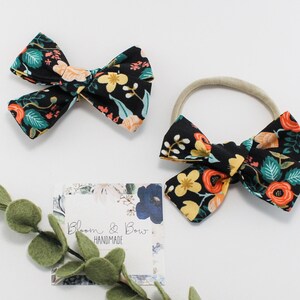Black Floral Fabric Hair Bow Headband or Scrunchie | Rifle Paper Co Bow | Primavera Birch Black