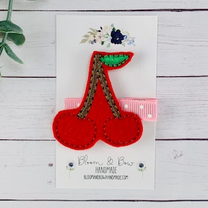 Cherry Hair Clip, Fruit Hair Clip, Red Barrette, Cherry Hair Bow, Cherry Feltie, Embroidered Felt Hair Clip for Baby, Toddler or Girl