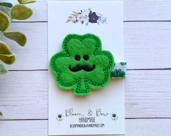 Mustache Shamrock Hair Clip, St. Patrick's Day Hair Clip, Felt Shamrock Barrette, Green Hair Clip for Baby, Infant, Toddler, Girl or Adult