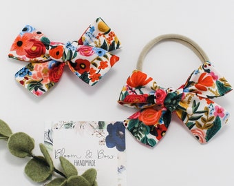 Wildwood Garden Party Petite Fabric Hair Bow Scrunchie -Rifle Paper Co - Mommy and Me - Nylon Headband - Pigtail - Newborn Baby Toddler Girl