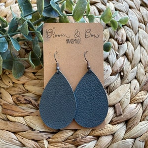 Leather Earrings, Graphite Gray Color, Leather Teardrop Earrings, Leather Leaf Earrings, Genuine Leather Accessories
