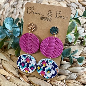 Leder Ohrringe, Helle Azteken und Hot Pink Kreise, Leder längliche Ohrringe, Leder Rechteck Ohrringe, Echtes Leder Accessoires
