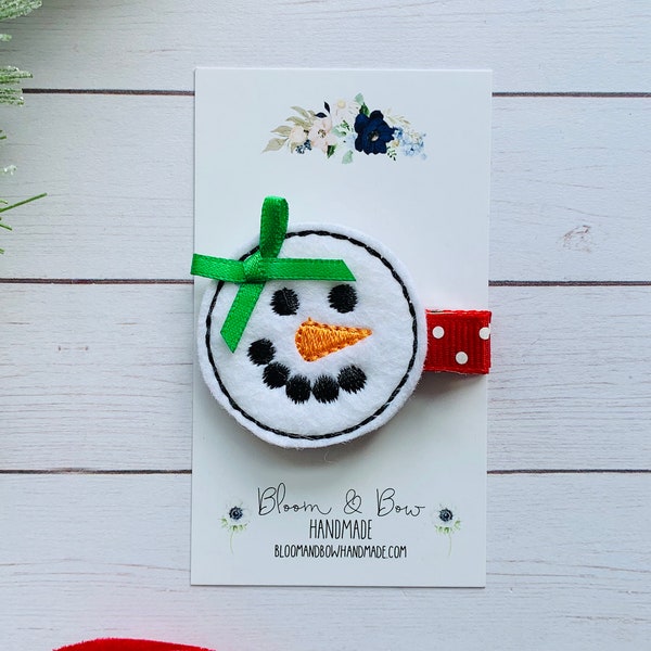 Snowman Hair Clip, Snowgirl Hair Barrette, Christmas Hair Bow, Holiday Clippie Embroidered Feltie Hair Clip for Baby, Toddler or Girl