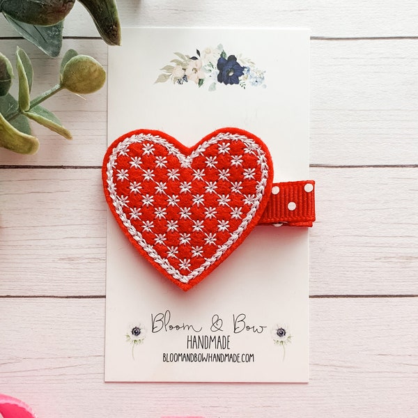 Valentine Heart Hair Clip, Red Heart Barrette, Felt Heart Hair Clip, Valentine Heart Hair Accessory for Baby, Infant, Toddler, Girl or Adult