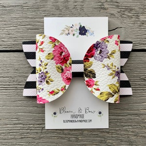 Floral and Stripe Hair Bow | Faux Leather Hair Bow | Floral Headband