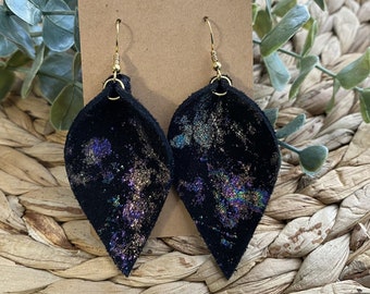 Leather Earrings, Metallic Northern Lights Spectrum, Leather Pinch Leaf Earrings, Leather Leaf Earrings, Genuine Leather Accessories