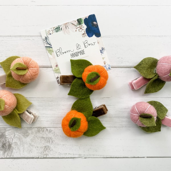 Pince à cheveux de citrouille en feutre, orange, barrette de citrouille, pince à cheveux d’automne, pince à cheveux d’Halloween ou de Thanksgiving, bébé, nourrisson, fille en bas âge