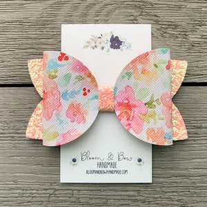 Watercolor Floral Hair Bow | Peach Glitter and Coral Faux Leather Headband
