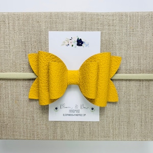 Mustard Yellow Hair Bow | Faux Leather Headband | Yellow Gold Hair Bow