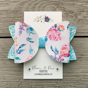 Teal and Floral Hair Bow | Faux Leather Headband or Barrette