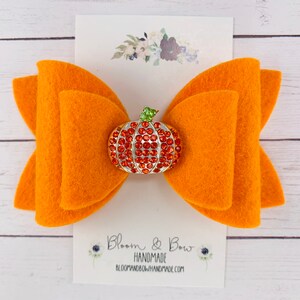 Pumpkin Hair Bow, Orange Felt Barrette or Headband, Halloween Hair Bow, Felt Hair Bow for Baby, Toddler or Girl