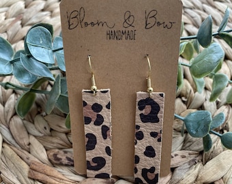 Leather Earrings, Leopard Print Beige Color, Leather Bar Earrings, Leather Rectangle Earrings, Genuine Leather Accessories