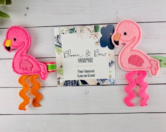 Flamingo Hair Clip, Flamingo Barrette, Pink Flamingo Hair Bow, Feltie, Embroidered Felt Hair Clip for Baby, Toddler or Girl