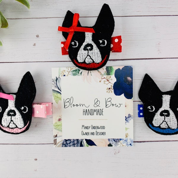 Boston Terrier, Embroidered, You Choose Hair Clip, Badge Reel, ID Holder, Paper Clip, Planner Clip, Bookmark, Magnet, Bookmark, Dog Hair Bow