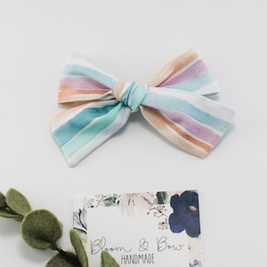 Watercolor Stripes - Hand Tied Fabric Hair Bow Headband or Scrunchie - Mommy and Me - Nylon Headband - Pigtails - Newborn Baby Toddler Girl