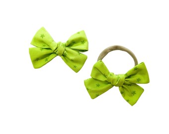 Lime Green Fabric Hair Bow Headband or Scrunchie - Mommy and Me - Nylon Headband - Pigtails - Newborn Baby Toddler Girl - Hand Tied