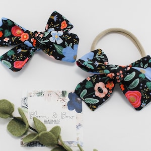 Primavera Wild Rose Black Fabric Hair Bow Scrunchie -Rifle Paper Co - Mommy and Me - Nylon Headband - Pigtails - Newborn Baby Toddler Girl