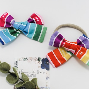 Rainbow Striped Bow Hand Tied Fabric Hair Bow Headband or Scrunchie - Mommy and Me - Nylon Headband - Pigtails - Newborn Baby Toddler Girl