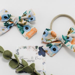 Primavera Birch Blush Fabric Hair Bow Scrunchie - Rifle Paper Co - Mommy and Me - Nylon Headband - Pigtails - Newborn Baby Toddler Girl