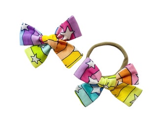 Star Bright Rainbow Stripe Hair Bow Headband or Scrunchie - Nylon Headband - Pigtails - Newborn Baby Toddler Girl - Hand Tied Fabric