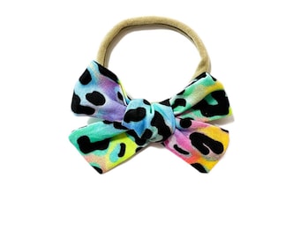 Neon Leopard Fabric Hair Bow Headband or Scrunchie - Mommy and Me - Nylon Headband - Pigtails - Newborn Baby Toddler Girl - Rainbow Leopard