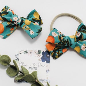 Primavera Citrus Floral Fabric Hair Bow Scrunchie - Rifle Paper Co - Mommy and Me - Nylon Headband - Pigtails - Newborn Baby Toddler Girl