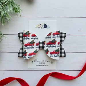 Christmas Red Truck Hair Bow, Buffalo Plaid Headband, Christmas Barrette Hair Clip, Faux Leather Hair Bow for Baby, Toddler or Girl