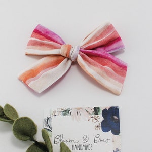 Watercolor Stripes - Hand Tied Fabric Hair Bow Headband or Scrunchie - Mommy and Me - Nylon Headband - Pigtails - Newborn Baby Toddler Girl