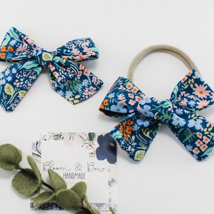 Meadow Blue Fabric Hair Bow Scrunchie -Rifle Paper Co - Mommy and Me - Nylon Headband - Pigtails - Newborn Baby Toddler Girl