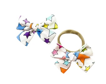 Bright Rainbow Star Hair Bow Headband or Scrunchie - Nylon Headband - Pigtails - Newborn Baby Toddler Girl - Hand Tied Fabric