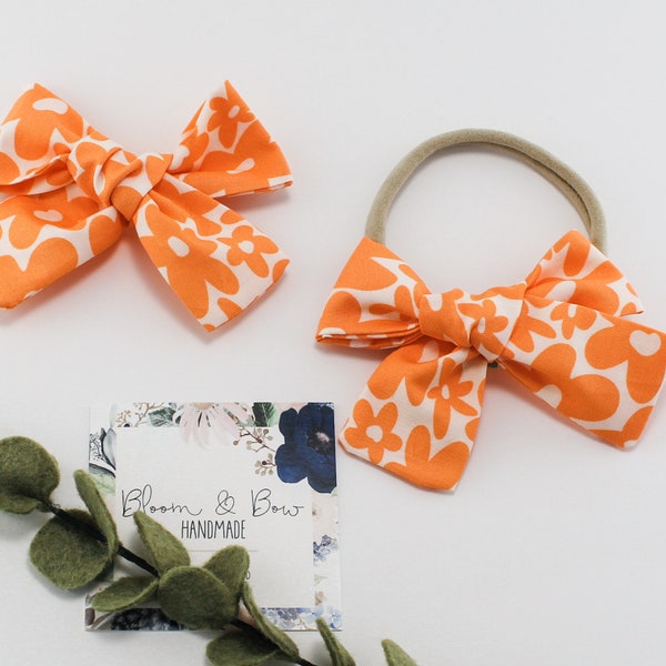 Flower Power Orange Hand Tied Fabric Hair Bow Headband or Scrunchie - Mommy and Me - Nylon Headband - Pigtails - Newborn Baby Toddler Girl