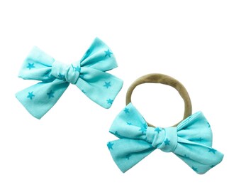 Aqua Blue Fabric Hair Bow Headband or Scrunchie - Mommy and Me - Nylon Headband - Pigtails - Newborn Baby Toddler Girl - Hand Tied