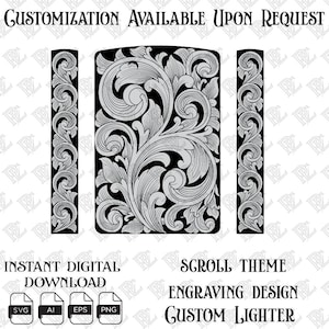 May include: A digital graphic design for a custom lighter featuring an intricate black and white scrollwork pattern. The text reads: CUSTOMIZATION AVAILABLE UPON REQUEST, INSTANT DIGITAL DOWNLOAD, SCROLL THEME, ENGRAVING DESIGN, CUSTOM LIGHTER.