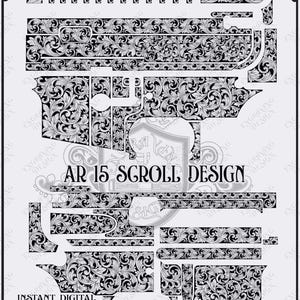 Könnte beinhalten: Schwarz-weißes AR-15-Scroll-Design mit floralen Mustern. Das Bild enthält den Text "Customization Available Upon Request" und "AR 15 SCROLL DESIGN". Sofortiger digitaler Download in SVG-, AI-, EPS- und PNG-Formaten.