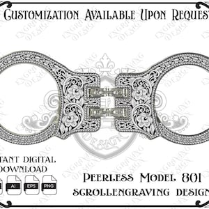 May include: A black and white digital graphic of Peerless Model 801 handcuffs featuring intricate floral scrollwork engravings. The text reads Customization Available Upon Request, Instant Digital Download, and Peerless Model 801 Scrollengraving Design.