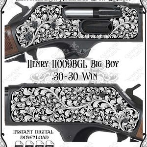 Könnte beinhalten: Detaillierte schwarz-weiße florale Gravur auf einem Henry H009BGL Big Boy .30-30 Win Gewehr. Das Bild zeigt die Seite des Gewehrs mit aufwendigen Schnörkeln. Text enthält "Customization Available Upon Request" und "Instant Digital Download."