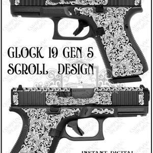 Puede incluir: Pistola Glock 19 Gen 5 negra con grabado de diseño de volutas. La imagen incluye el texto "Personalización Disponible Bajo Petición" y "Descarga Digital Instantánea" con iconos de tipo de archivo SVG, AI, EPS y PNG.