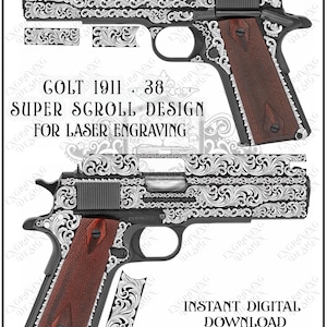 Pode incluir: Um design digital detalhado para gravação a laser, apresentando duas pistolas Colt 1911 .38 com intrincados desenhos de rolagem. O design inclui uma estrutura escura, punhos de madeira e o texto "GOLT 1911 .38 SUPER SCROLL DESIGN FOR LASER ENGRAVING".
