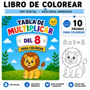 Puede incluir: Un libro de colorear digital con el texto LIBRO DE COLOREAR, TABLA DE MULTIPLICAR DEL 8 y 10 PÁGINAS PARA COLOREAR. La portada muestra un león de dibujos animados en un campo verde bajo un cielo azul con un sol y nubes, y un león en blanco.