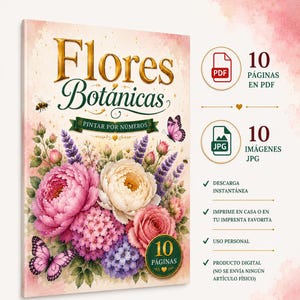 Puede incluir: Un set digital de pintura por números titulado Flores Botánicas con un arreglo floral de flores rosas, blancas y moradas, una abeja y mariposas. El set incluye 10 páginas PDF y 10 imágenes JPG, disponibles para descarga instantánea e impresión.