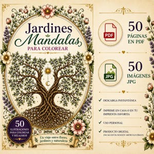 Puede incluir: Una portada de libro de colorear digital titulada Jardines Mandalas Para Colorear con una ilustración central de un árbol en un marco floral ovalado. El diseño incluye texto, 50 páginas PDF, 50 imágenes JPG e iconos de descarga instantánea.
