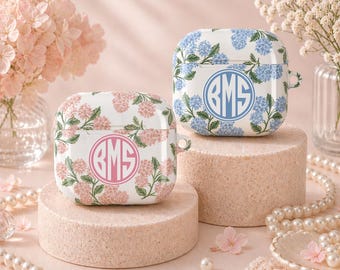 Custom Monogram Floral Hydrangea AirPods Case Personalized Flower Earbud Cover for Women Aesthetic AirPods Pro 2 Case Cute Garden Tech Gift